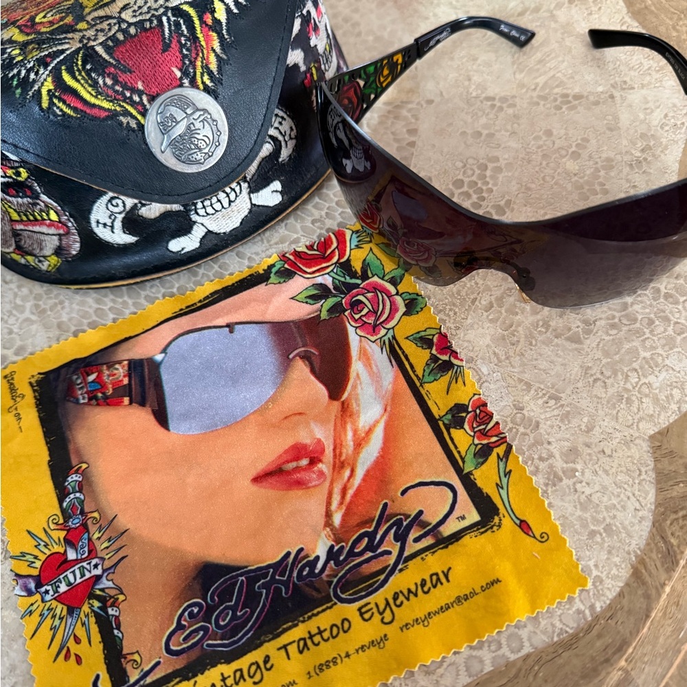 Ed Hardy Black Wraparound Sunglasses with Tattoo-Inspired Accents